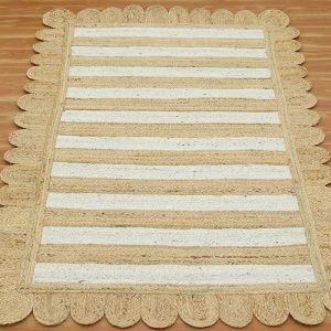 Handmade Scalloped Beige White Striped Rugs