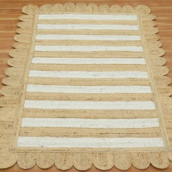 Handmade Scalloped Beige White Striped Rugs - Image 2