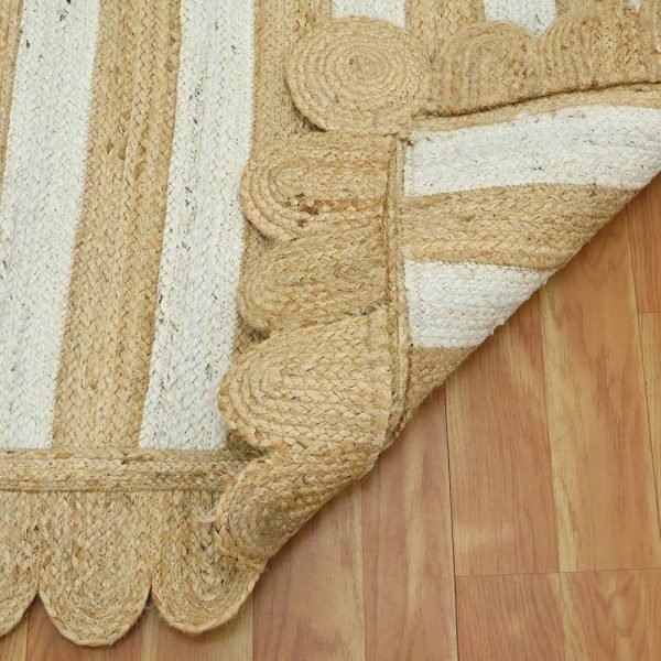 Handmade Scalloped Beige White Striped Rugs - Image 3