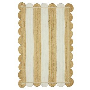Handmade Scalloped White Beige Jute Area Rug