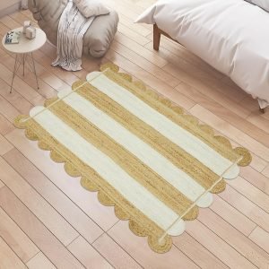 Handmade Scalloped White Beige Jute Area Rug