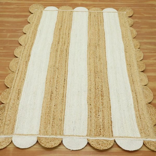 Handmade Scalloped White Beige Jute Area Rug - Image 4