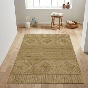 Hand Braided Beige White Geometric Jute Rug