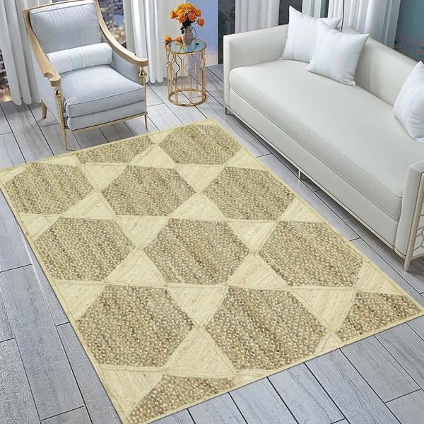 Handcrafted White Beige Geometric Rug - Image 2