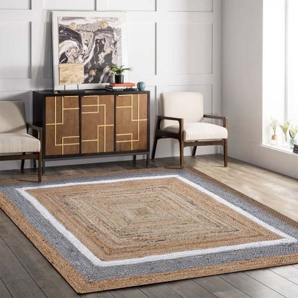 Geometric Bordered Beige White Jute Area Rug - Image 2