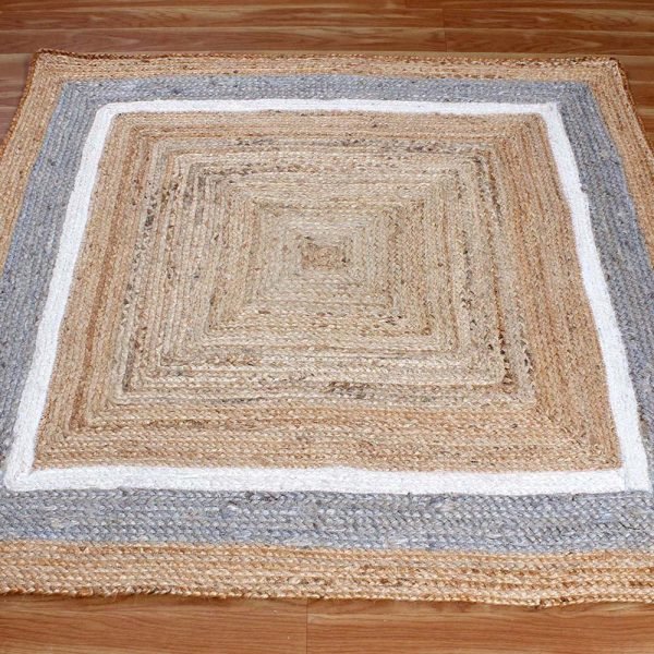 Geometric Bordered Beige White Jute Area Rug - Image 3