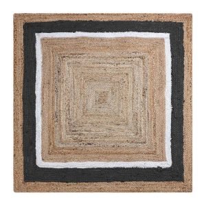 Bordered Beige Black Jute Square Area Rug