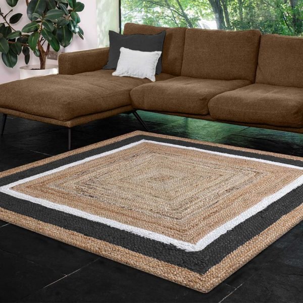 Bordered Beige Black Jute Square Area Rug - Image 2