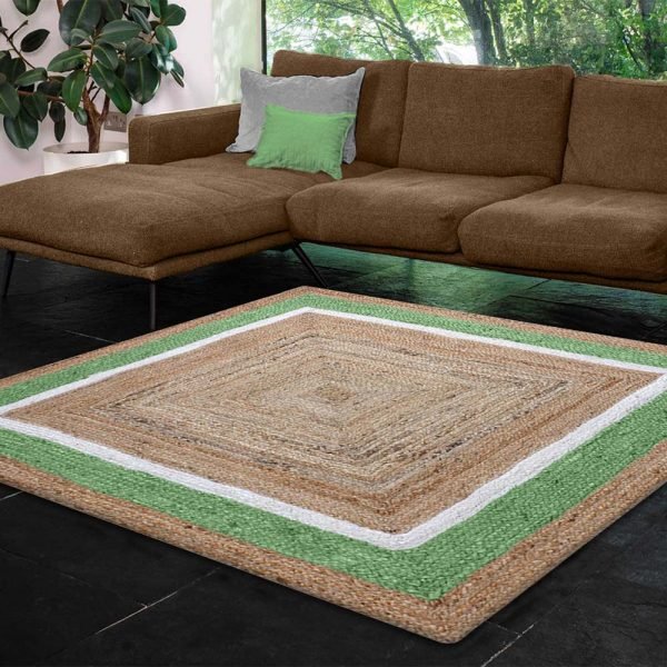 Hand Braided Green Beige Square Jute Rug - Image 2