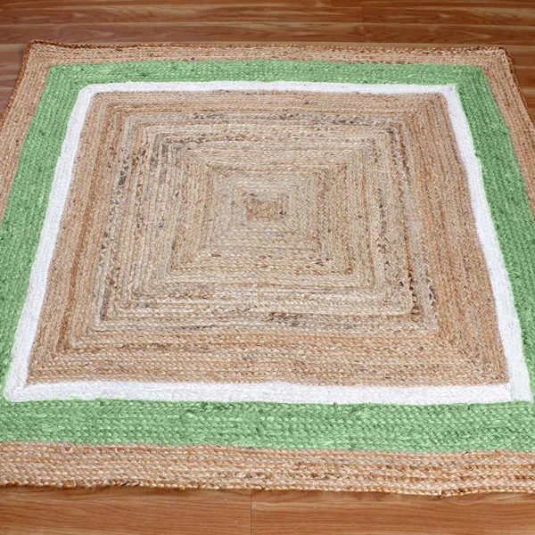 Hand Braided Green Beige Square Jute Rug - Image 3