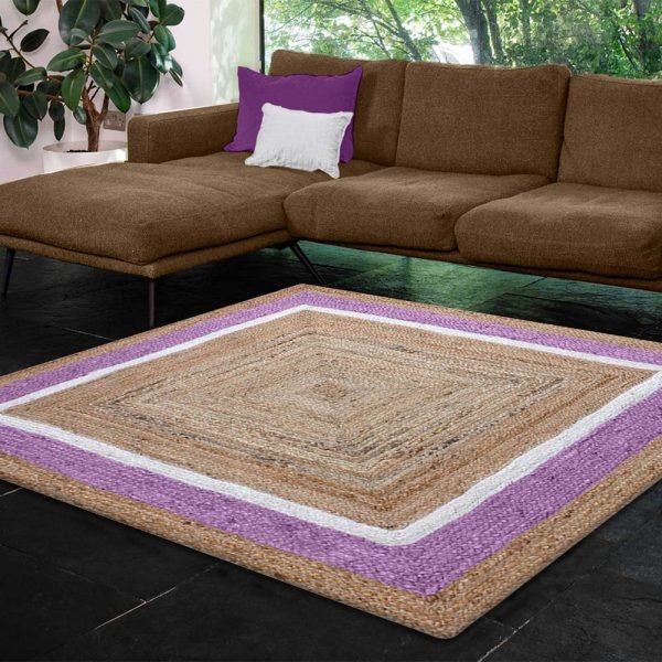Hand Braided Purple Beige Square Jute Rug - Image 2