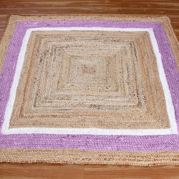 Hand Braided Purple Beige Square Jute Rug - Image 3