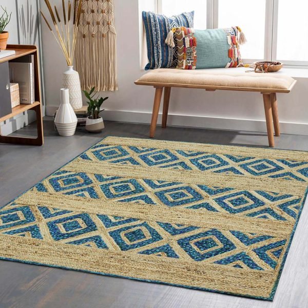 Hand Braided Beige Blue Cotton Jute Rug - Image 2
