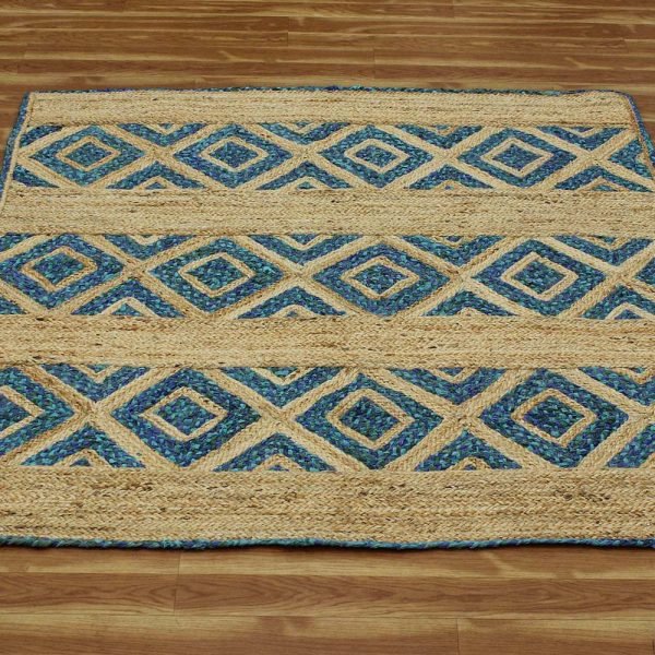 Hand Braided Beige Blue Cotton Jute Rug - Image 3