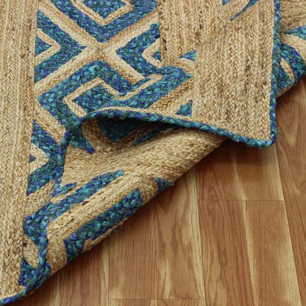 Hand Braided Beige Blue Cotton Jute Rug - Image 5