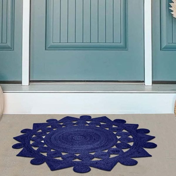 Indian Handmade Jute Round Blue Area Rug - Image 2