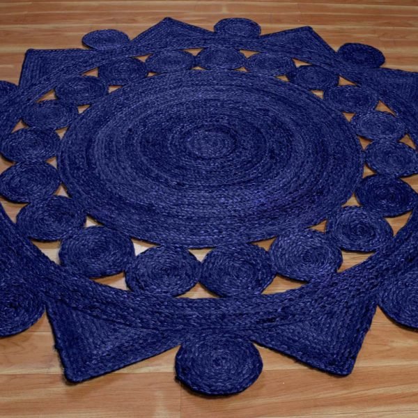 Indian Handmade Jute Round Blue Area Rug - Image 3