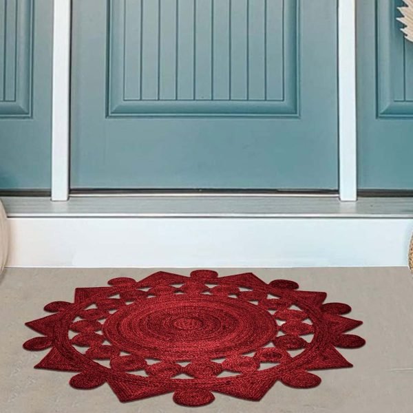 Round Hand Braided Jute Maroon Large Area Rug - Image 2