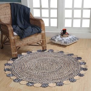 Hand Braided Cotton Jute Blue Scalloped Rug
