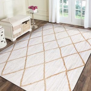 White Beige Hand Braided Jute Checked Rug