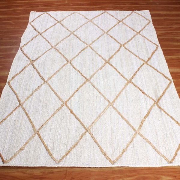 White Beige Hand Braided Jute Checked Rug - Image 3