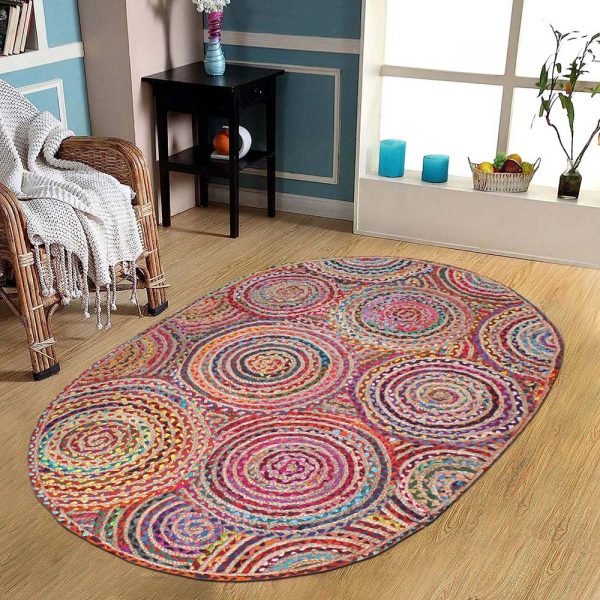 Oval Multicolor Cotton Jute Handmade Rug - Image 2