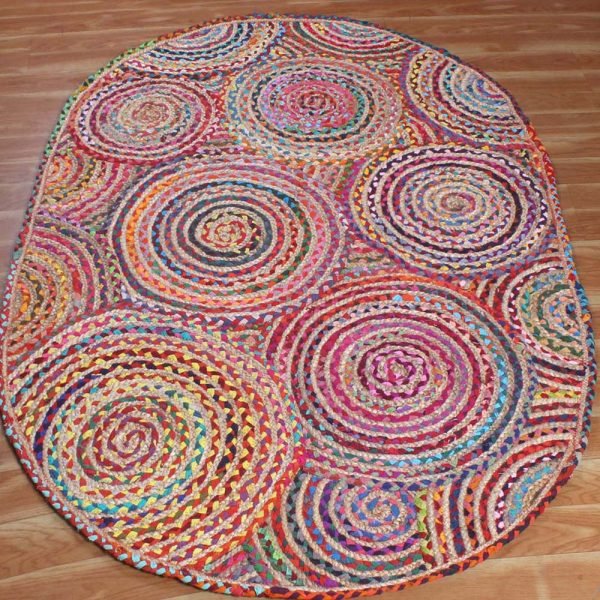 Oval Multicolor Cotton Jute Handmade Rug - Image 3