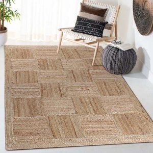 Hand Braided Checked Geometric Beige Jute Rug