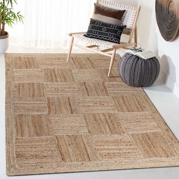 Hand Braided Checked Geometric Beige Jute Rug - Image 2