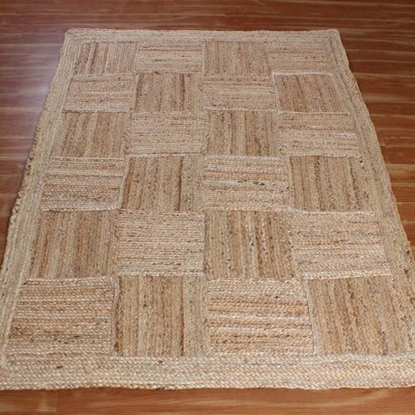 Hand Braided Checked Geometric Beige Jute Rug - Image 3