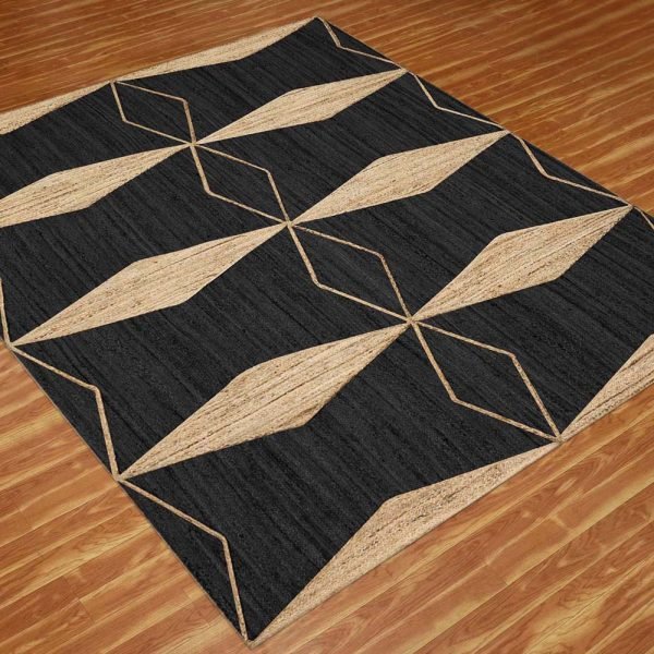 Black Beige Hand Braided Jute Geometric Rug - Image 3