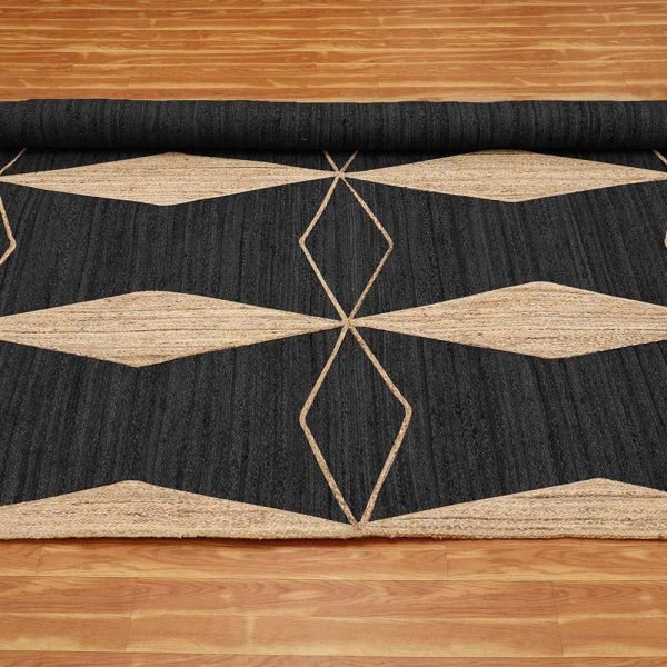 Black Beige Hand Braided Jute Geometric Rug - Image 5