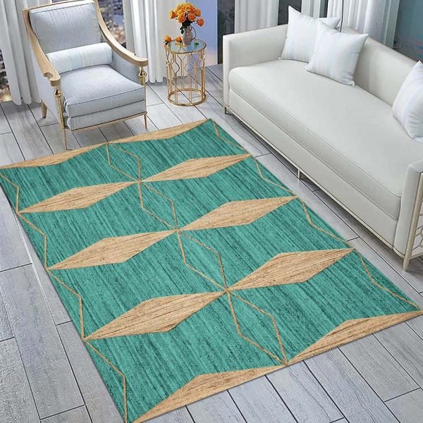 Handmade Green Beige Jute Geometric Rug - Image 2