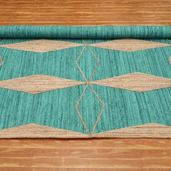 Handmade Green Beige Jute Geometric Rug - Image 4