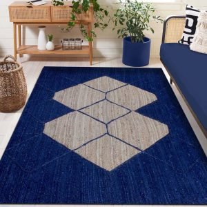 Hand Braided Jute Blue Geometric Area Rug