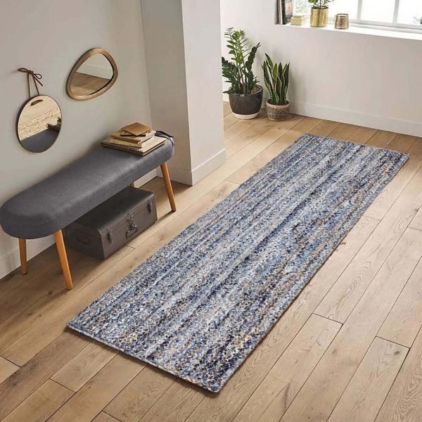 Hand Braided Blue Runner Cotton Jute Rug - Image 2