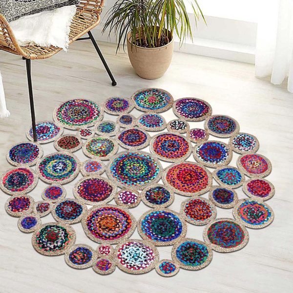 Multicolor Handmade Bordered Cotton Jute Round Rug - Image 2