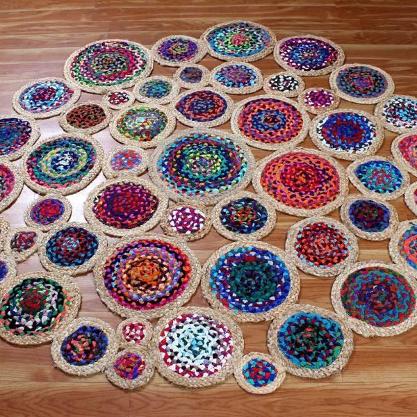 Multicolor Handmade Bordered Cotton Jute Round Rug - Image 3