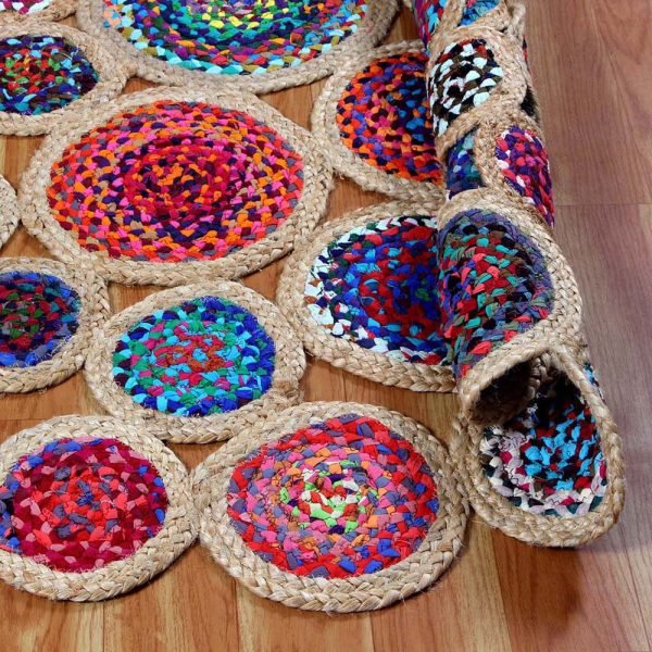 Multicolor Handmade Bordered Cotton Jute Round Rug - Image 5