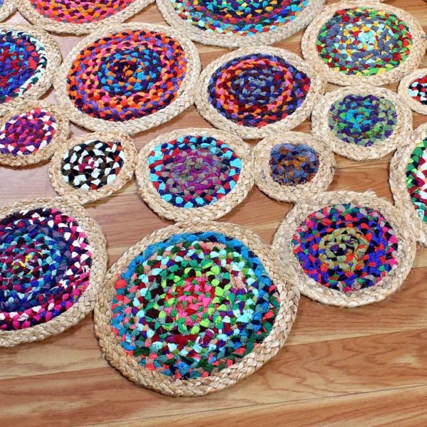 Multicolor Handmade Bordered Cotton Jute Round Rug - Image 6