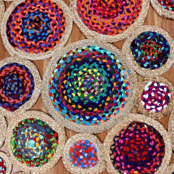Multicolor Handmade Bordered Cotton Jute Round Rug - Image 4