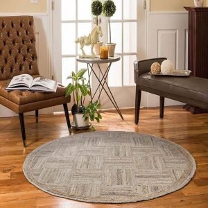 Beige Checked Jute Hand Braided Round Rug