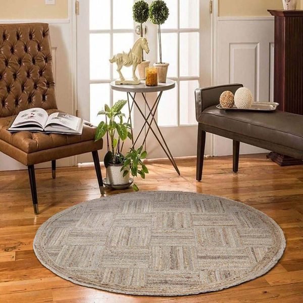 Beige Checked Jute Hand Braided Round Rug - Image 2