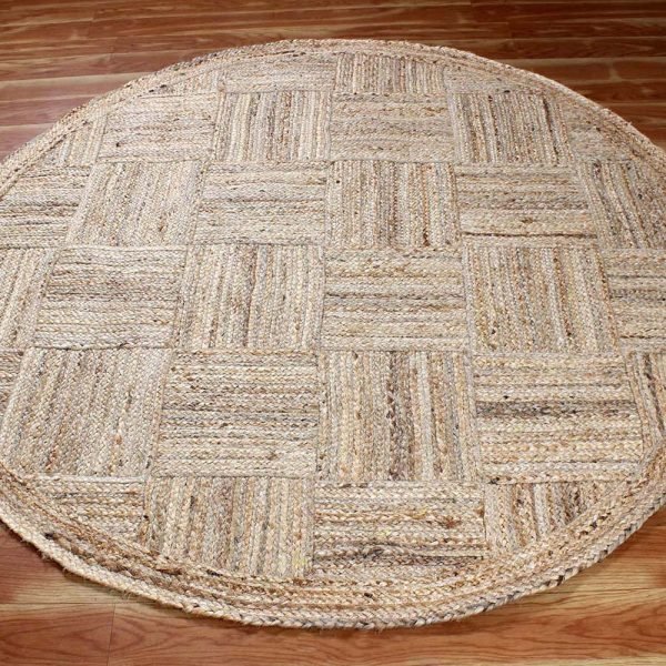 Beige Checked Jute Hand Braided Round Rug - Image 3