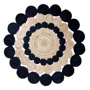 Scalloped Beige Black Jute Round Area Rug