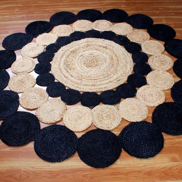 Scalloped Beige Black Jute Round Area Rug - Image 3