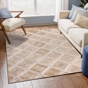 Indian Handmade Beige White Geometric Area Rug
