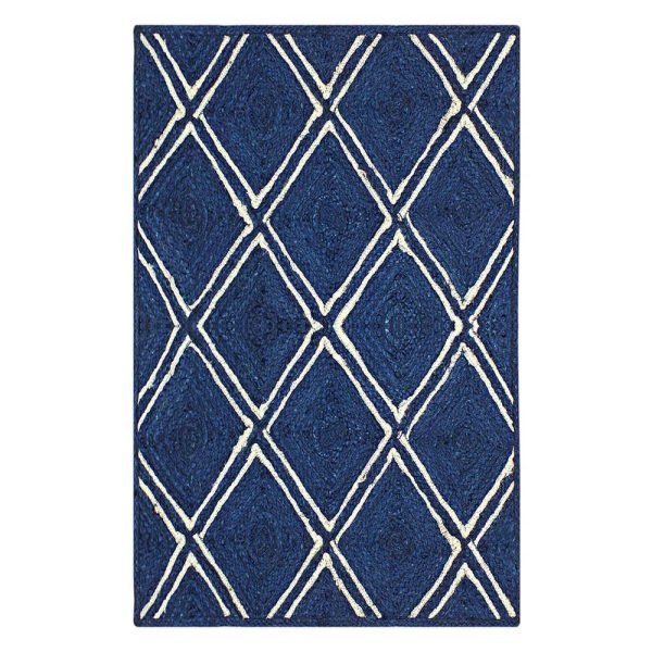 Handmade White Blue Jute Bordered Area Rug