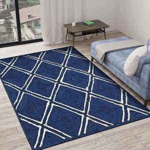 Handmade White Blue Jute Bordered Area Rug
