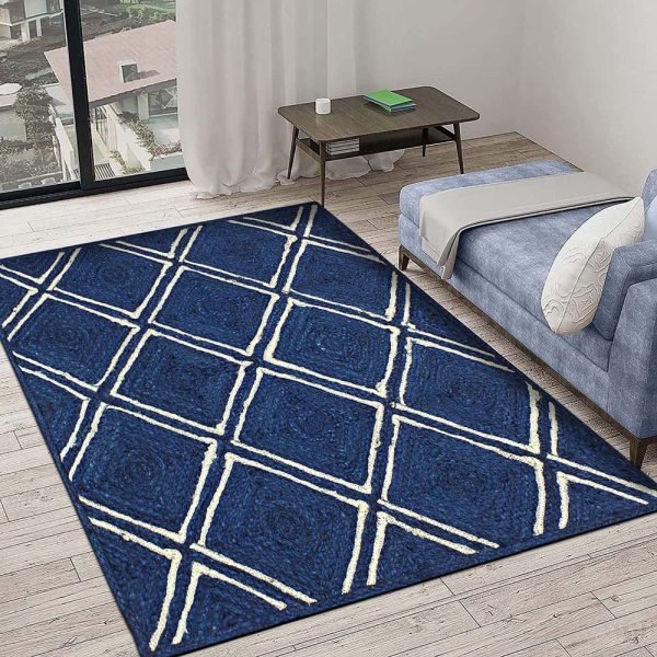 Handmade White Blue Jute Bordered Area Rug - Image 2